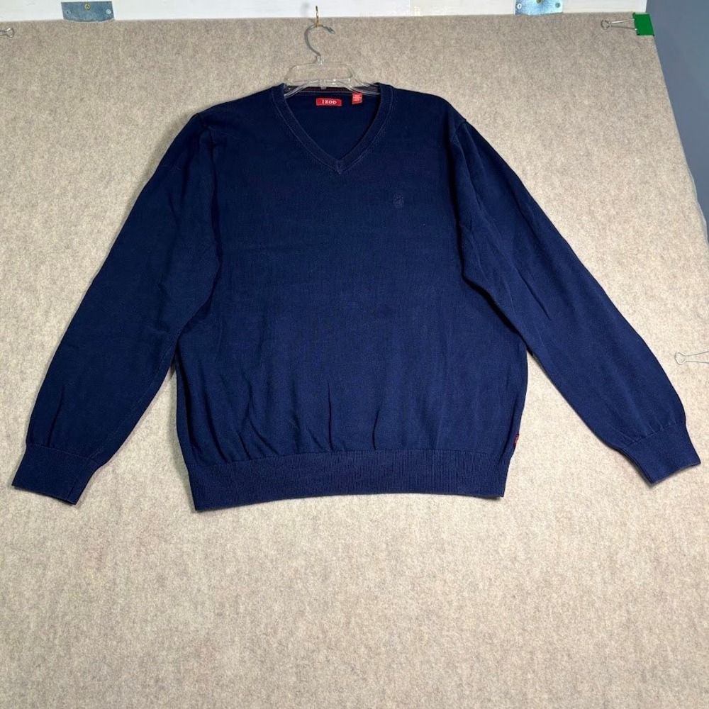 IZOD Sweater Mens Large Blue Cotton V-Neck Pullover Classic Preppy Minimalist